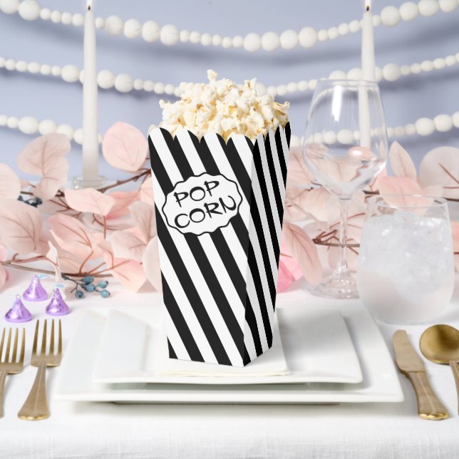 Custom Text Modern Black and White Striped Popcorn Favor Boxes (Wedding)