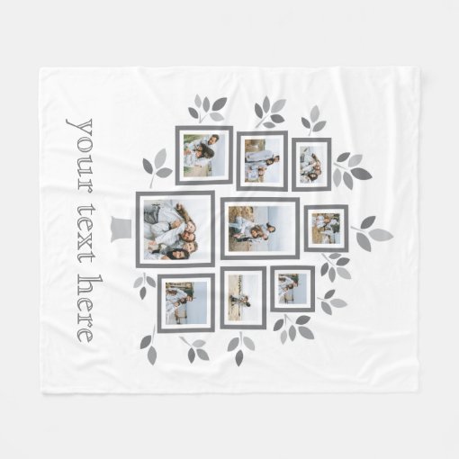 Custom Text Modern Grey & White Family Photo Tree Fleece Blanket Zazzle