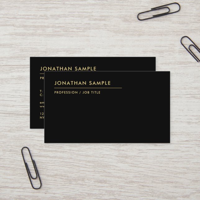 Custom Text Modern QR Code Elegant Black & Gold Business Card (Front/Back In Situ)