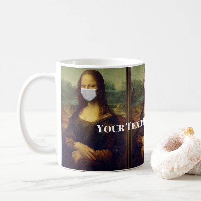 Custom Text Mona Lisa Painting with Face Mask Art Coffee Mug (With Donut)