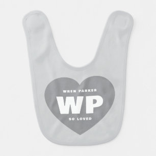 Custom Text Monograms Hearts Gray Baby Bib