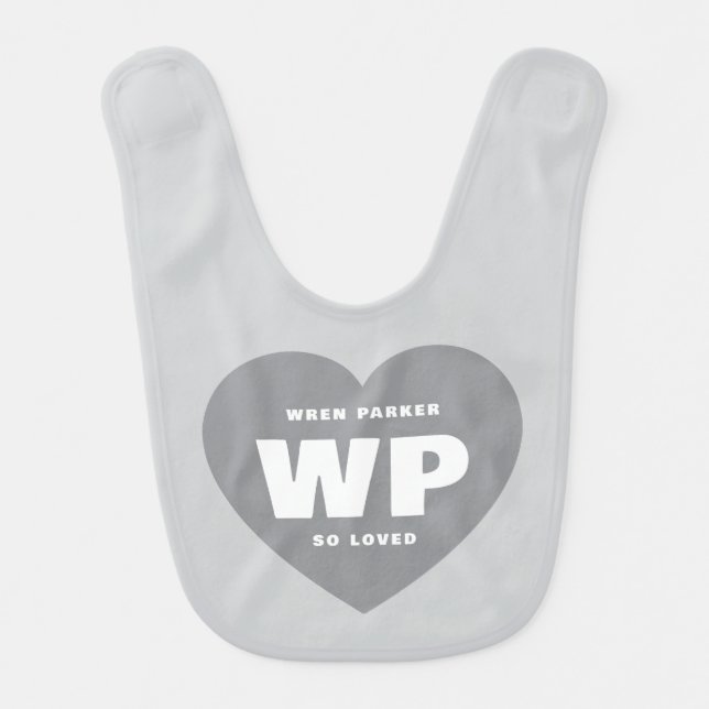 Custom Text Monograms Hearts Gray Baby Bib (Front)