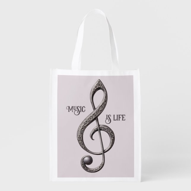 Custom Text Musical Clef Note Grocery Bag (Front)