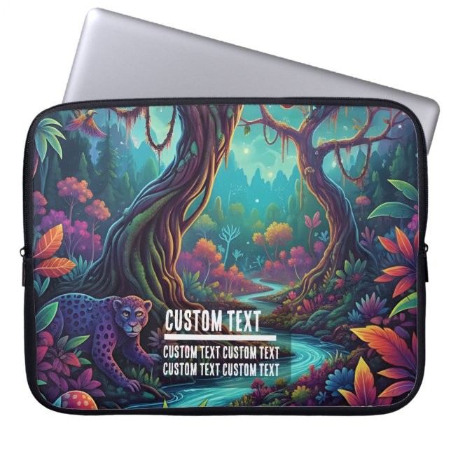 Custom Text Mystical Forest Jaguar Colorful Laptop Sleeve (Front)