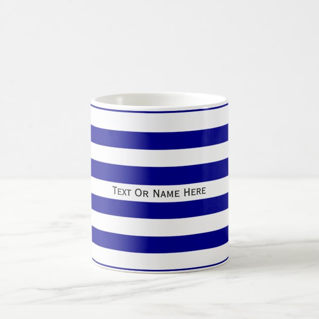 Custom Text Name  Dark Blue & White Stripes Coffee Mug (Center)