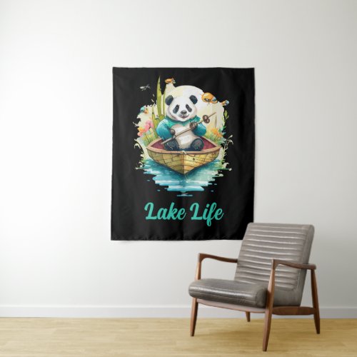 Custom Text Name Fishing Panda in a Boat on a Lake Tapestry