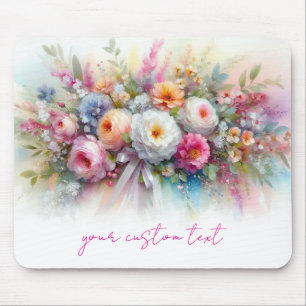 Custom Text Name Modern Elegant Watercolor Flowers Mouse Pad