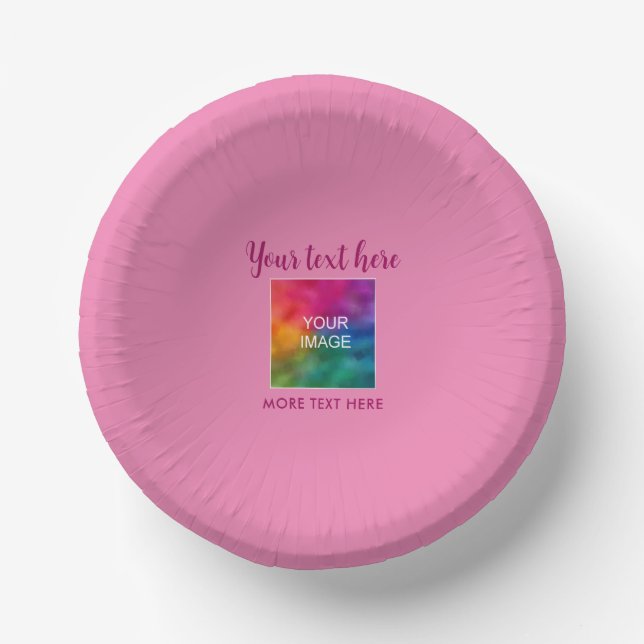 Custom Text Name Photo Image Here Pink Round Paper Bowls (Front)