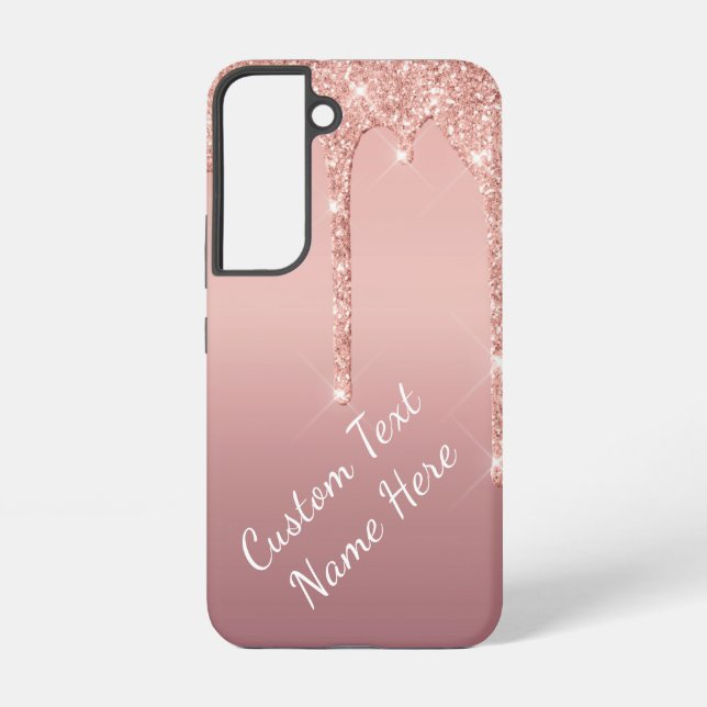 Custom Text Name Rose Gold Blush Glitter Drips Samsung Galaxy Case (Back)