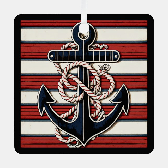 Custom Text Nautical Anchor Pattern Metal Ornament (Front)