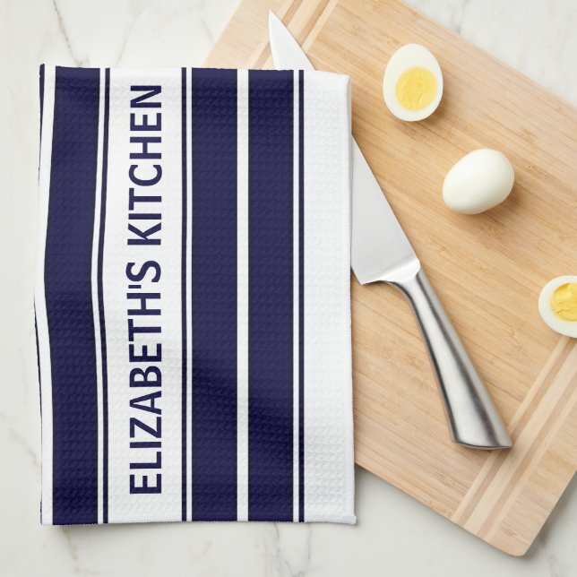 Custom Text Navy Blue and White Striped Kitchen Towel (Quarter Fold)