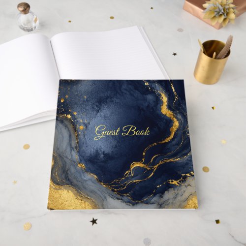 Custom Text NavyGold Abstract Marble Fluid Art Foil Guest Book