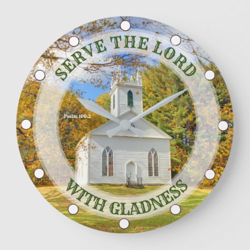 Custom Text New England Church in the Fall Large Clock