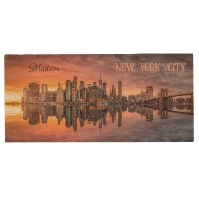 Custom Text New York City Skyline Wood Flash Drive (Front)