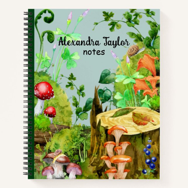 Custom Text Notebook Watercolor Forest Mushroooms  (Front)