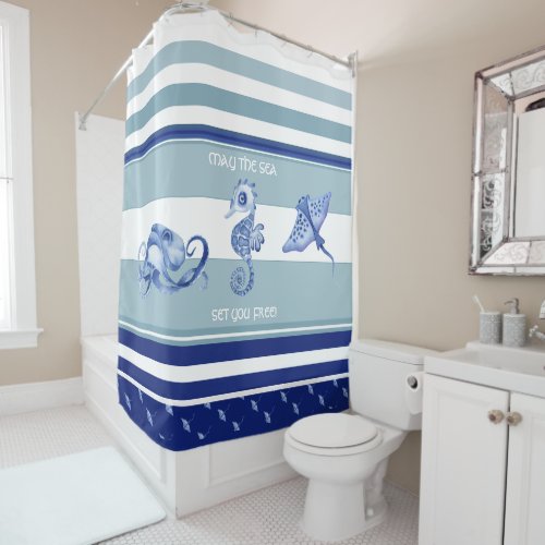 Custom text octopus stringray seahorse striped blu shower curtain