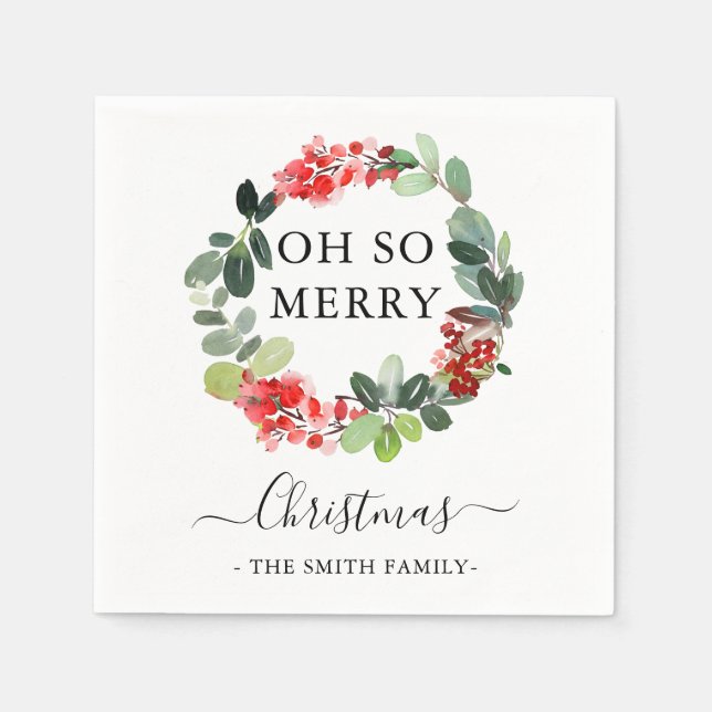 Custom Text Oh So Merry Christmas Holiday Wreath Napkins (Front)