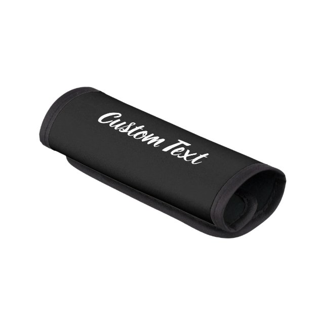 Custom Text on Black with White Script Luggage Handle Wrap (Angled)