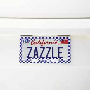 Custom Text on Dark Blue and White Checkerboard License Plate Frame