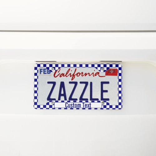 Custom Text on Dark Blue and White Checkerboard License Plate Frame