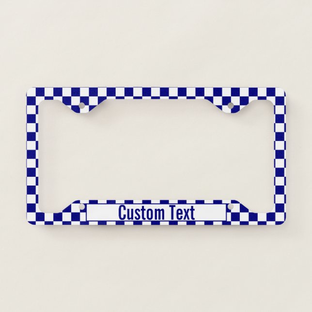 Custom Text on Dark Blue and White Checkerboard License Plate Frame (Front)