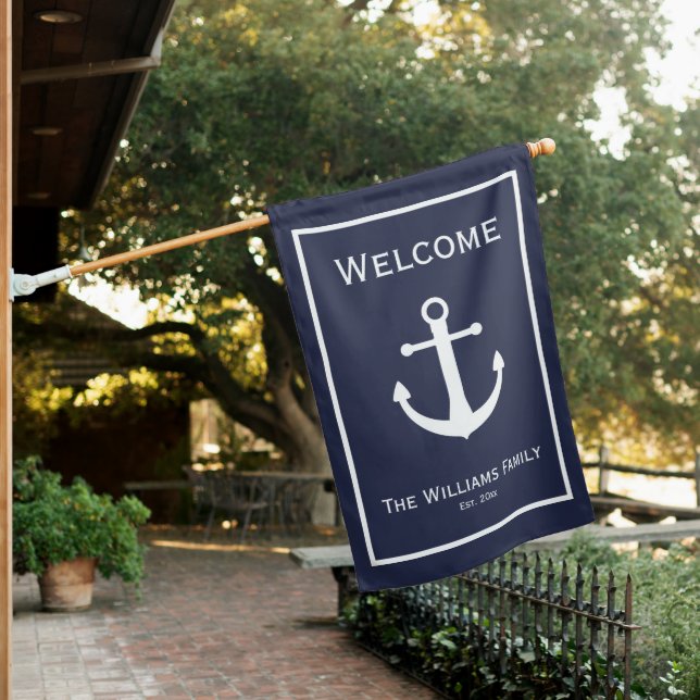 Custom Text on Midnight Blue Nautical Welcome House Flag (In SItu)