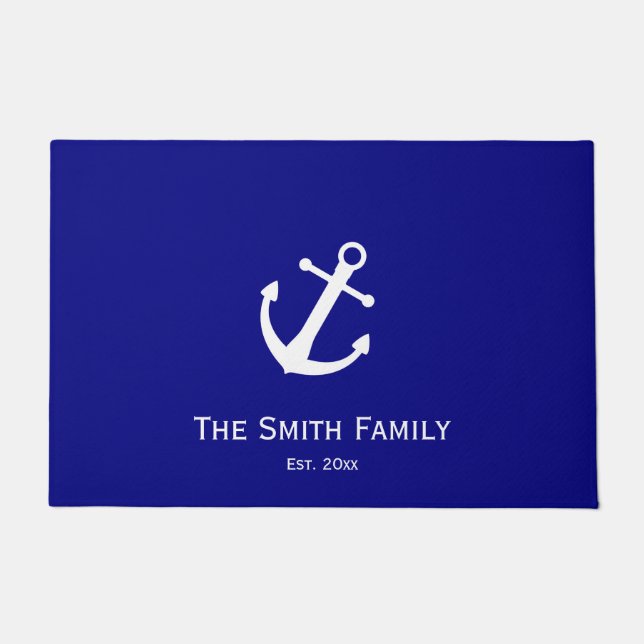 Custom Text on Navy Blue and White Nautical Doormat (Front)