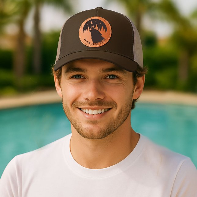 Custom Text or Name Wolf Trees Gift Leather Patch Hat (Creator Uploaded)
