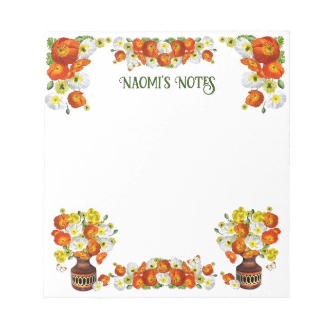 Custom Text Orange and White Poppy Notepad (Front)