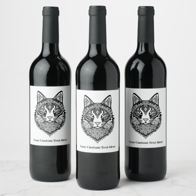 Custom Text Ornamental Cat Wine Label (Bottles)