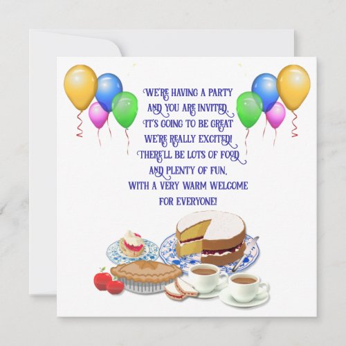 Custom Text Palloons and Party Food  Invitation