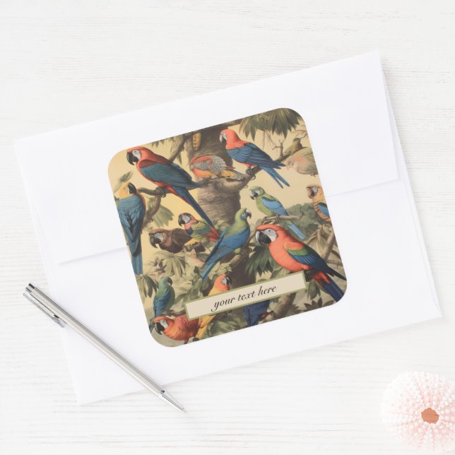 Custom Text Parrot Canopy Vintage Botanical Luxe Square Sticker (Envelope)