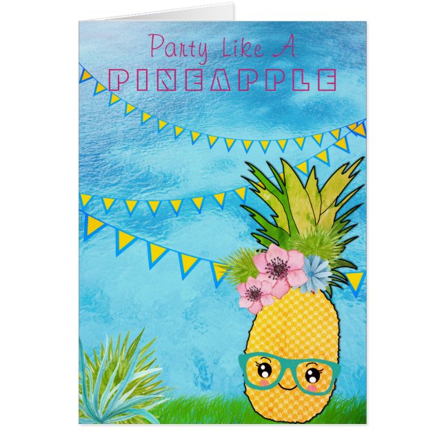 Custom Text / Party Pineapple Kawaii Summer Beach Cards (Front)
