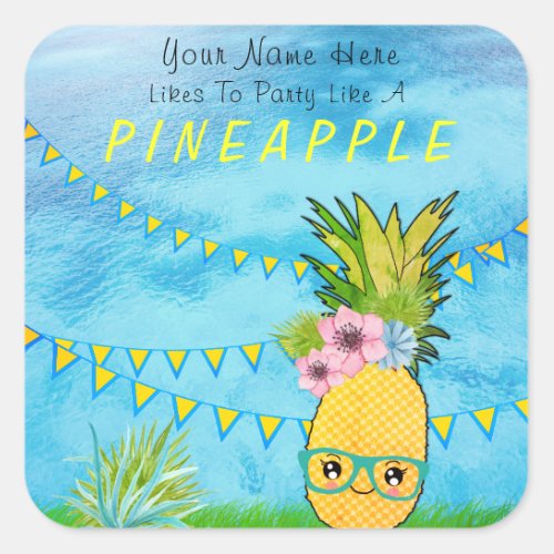 Custom Text  Party Pineapple Kawaii Summer Beach Square Sticker