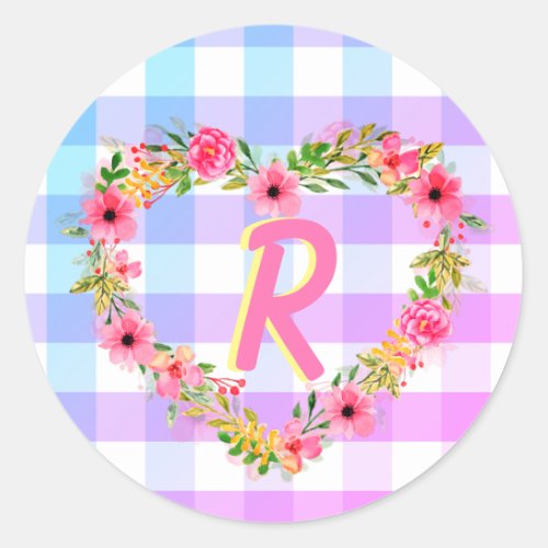 Custom Text Pastel Gingham Floral Heart Wreath Classic Round Sticker