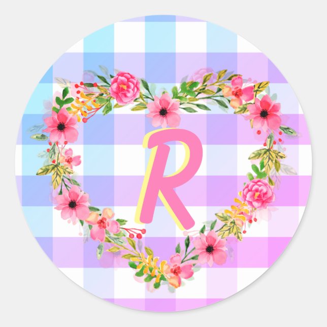 Custom Text/ Pastel Gingham Floral Heart Wreath Classic Round Sticker (Front)