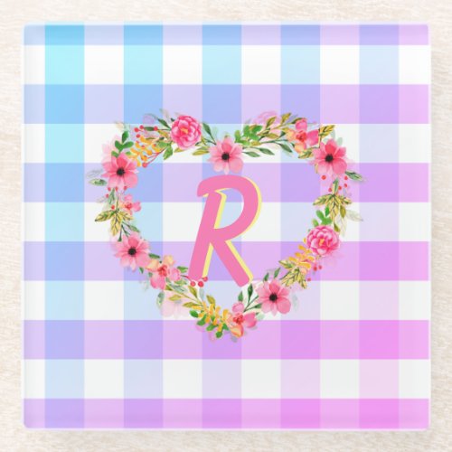 Custom Text Pastel Gingham Floral Heart Wreath Glass Coaster