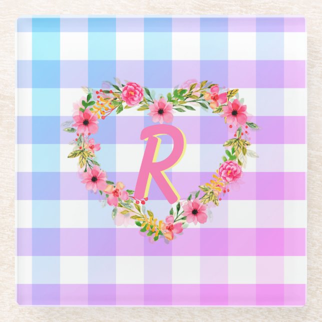 Custom Text/ Pastel Gingham Floral Heart Wreath Glass Coaster (Front)