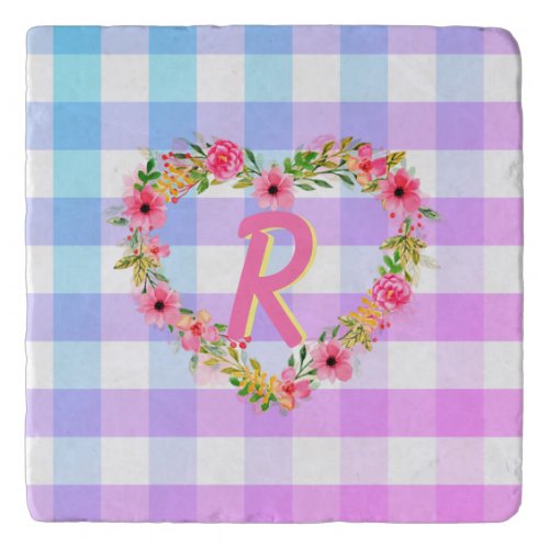 Custom Text Pastel Gingham Floral Heart Wreath Trivet