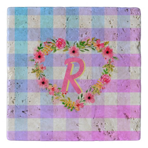 Custom Text Pastel Gingham Floral Heart Wreath Trivet