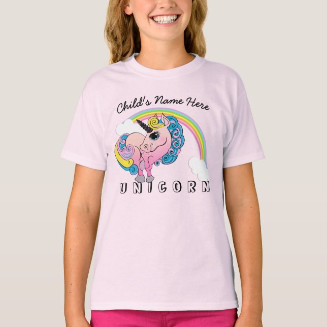 Custom Text/ Pastel Unicorn Pretty Rainbow Clouds T-Shirt (Front)