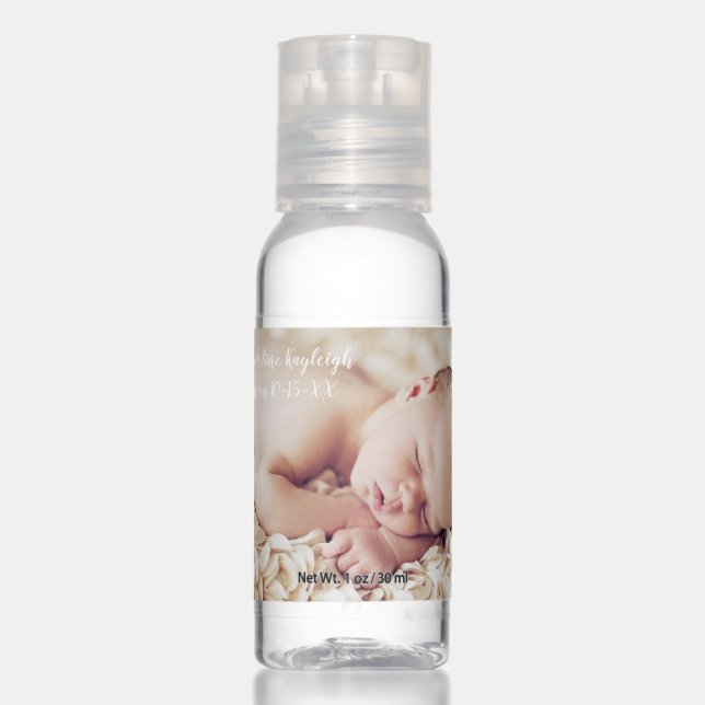 Custom Text Personalized Baby Photo White Script Hand Sanitizer (Front)