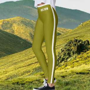 Custom Text Pet Cat Mom Olive Gold White Stripes Leggings