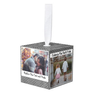 Custom Text & Photo /Abstract Gray Diamond Neutral Cube Ornament