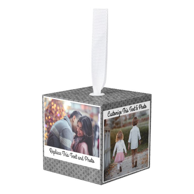 Custom Text & Photo /Abstract Gray Diamond Neutral Cube Ornament (Front Angled)