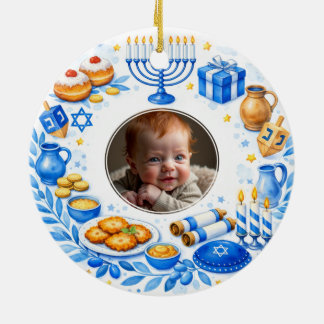 Custom text  photo Baby’s First Hanukkah Ceramic Ornament
