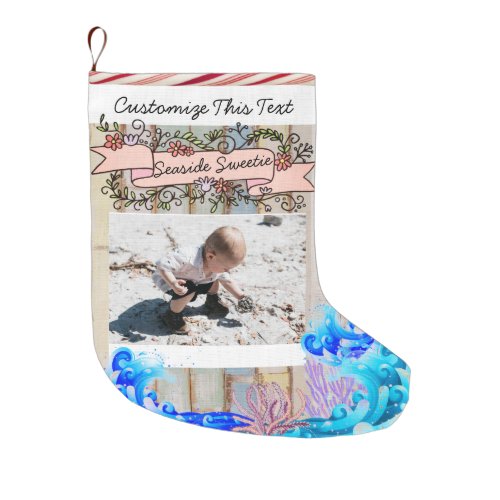 Custom TextPhoto Beach Island Seaside Ocean Large Christmas Stocking