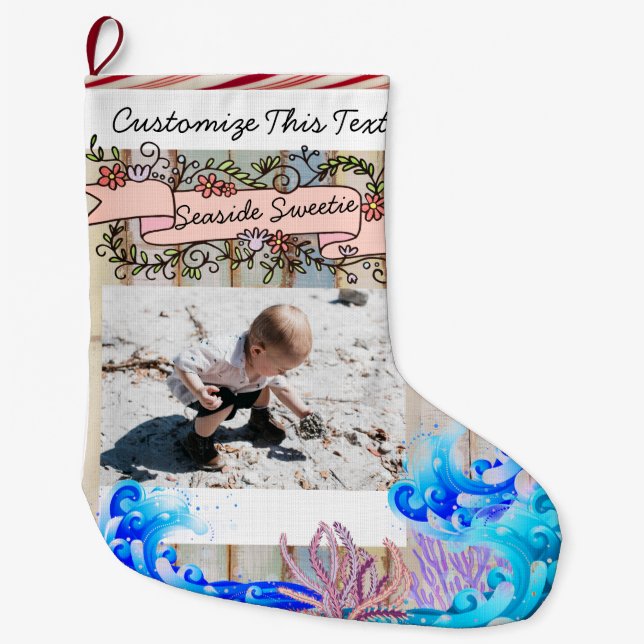 Custom Text/Photo Beach Island Seaside Ocean Large Christmas Stocking (Front)