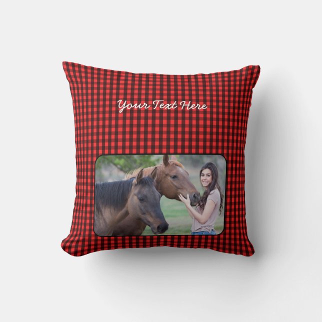 Custom Text/Photo Black Red Check Plaid Gingham Throw Pillow (Front)