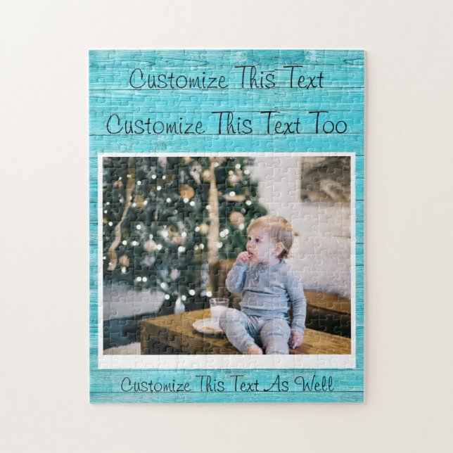Custom Text/Photo Blue Turquoise Wooden Rustic Jigsaw Puzzle (Vertical)